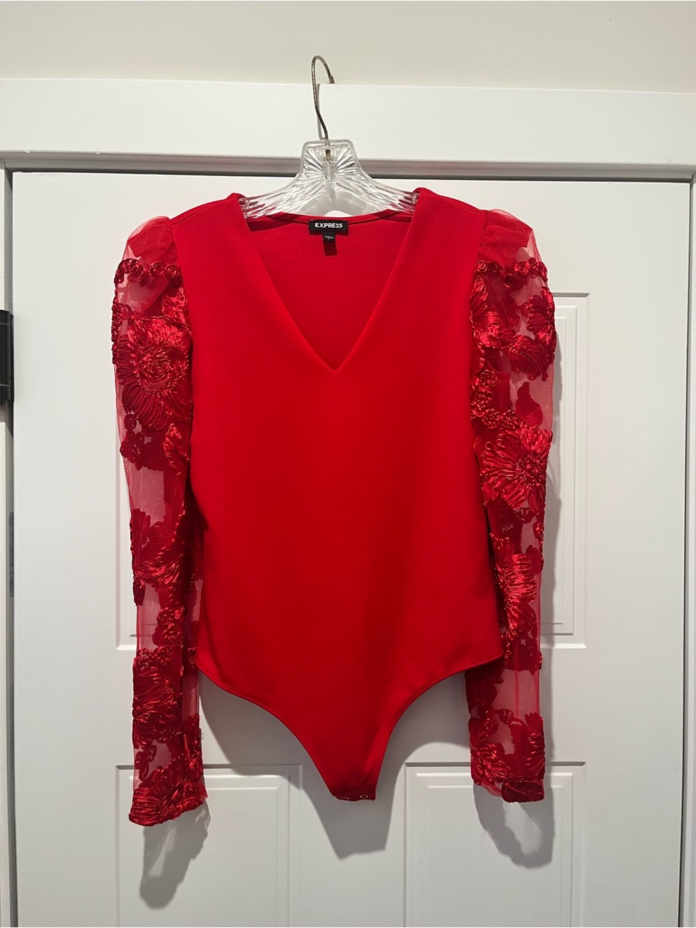 Express Red V-Neck Bodysuit with Sheer Embroidered Floral Sleeves